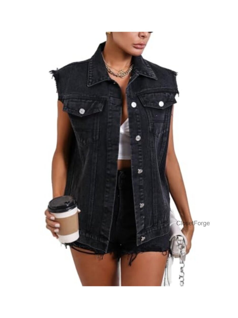 Sleeveless Denim Vest Classic Button Down Jean Jacket with Pockets